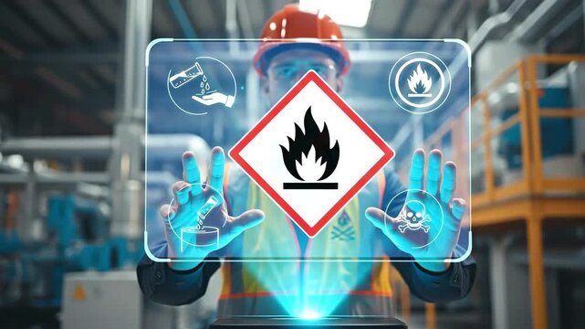 A worker interacting with hazard signs for workplace safety concept.