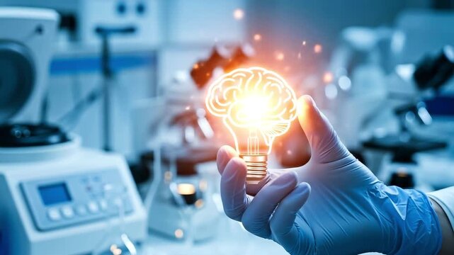 Scientist holding a glowing brain inside light bulb for the concept of scientific innovation.