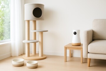 Modern minimalist living room with cat tree, feeding bowls, and smart pet camera beside neutral sofa
