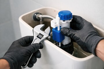 Plumber repairing toilet flush mechanism with adjustable wrench and gloves, fixing water tank valve for bathroom maintenance