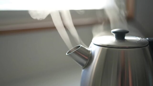 Dynamic Steam Plume and Condensation A slightly wider shot focusing on the kettle and the evolving plume of steam, showcasing its intricate ribbon-like patterns and subtle condensation forming on the