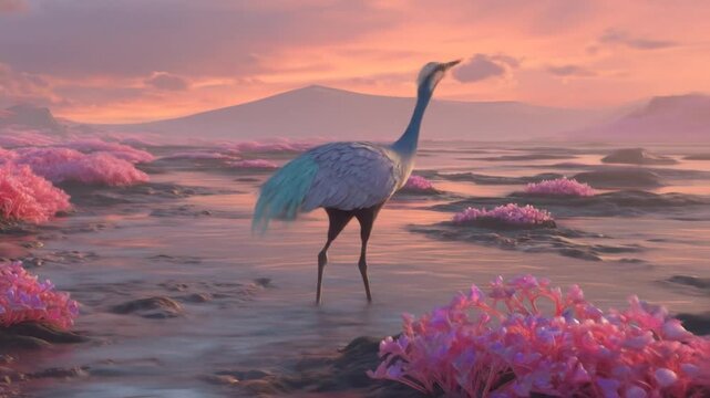 A heron probes the shallow waters, encircled by pink flora, under a sky of rose and soft orange