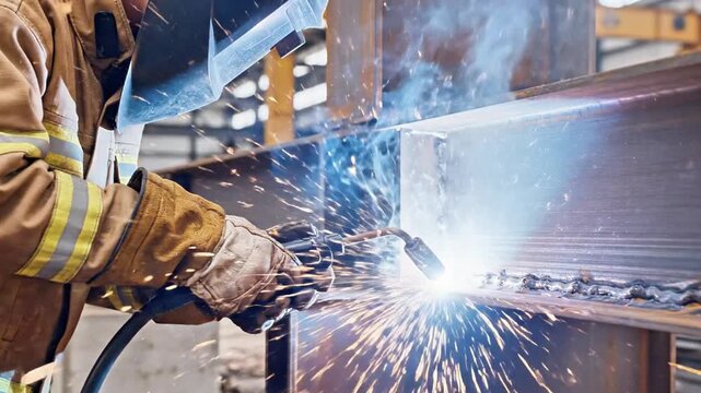 A person in a protective suit welding a metal beam, with sparks flying everywhere