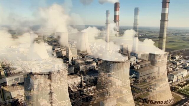 An aerial view of a large industrial power plant with multiple cooling towers emitting steam, surrounded by various industrial buildings and infrastructure
