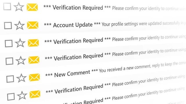 Email inbox with multiple notifications, highlighting account updates and verification required messages