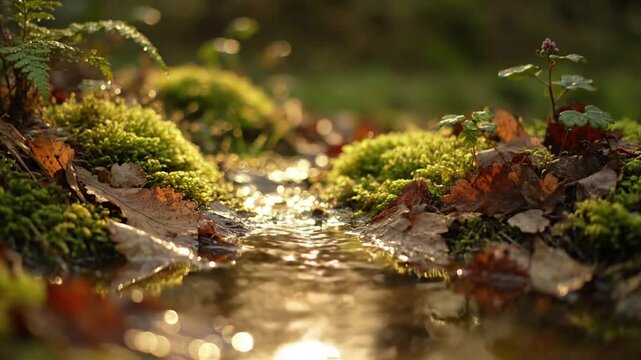 Abstract view of refracted light patterns shifting across a small stream bed Focus on the interaction of water, light, and forest elements