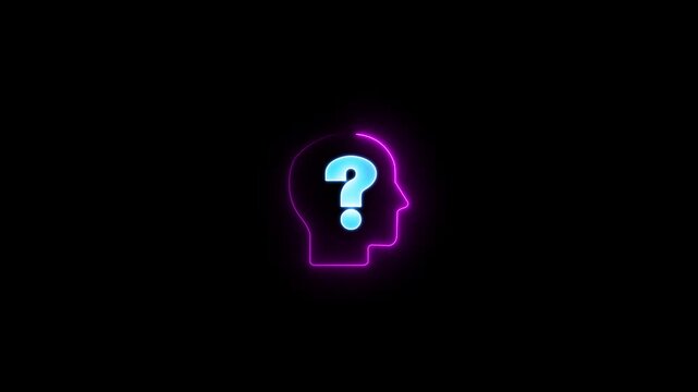 Glowing neon line icon of a man silhouette with a question mark inside, symbolizing doubt, inquiry, confusion, help, support, unknown identity, and problem solving. Clean neon outline