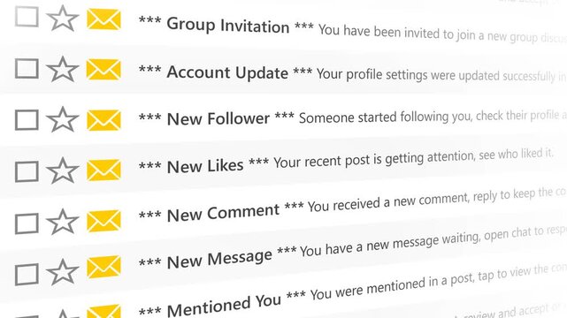 Digital screen displaying unread email notifications and social media updates, symbolizing the constant flow of online communication, information overload, and digital interaction