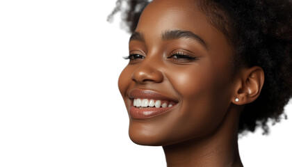 A beautiful young woman with a bright smile and dark skin on a black background