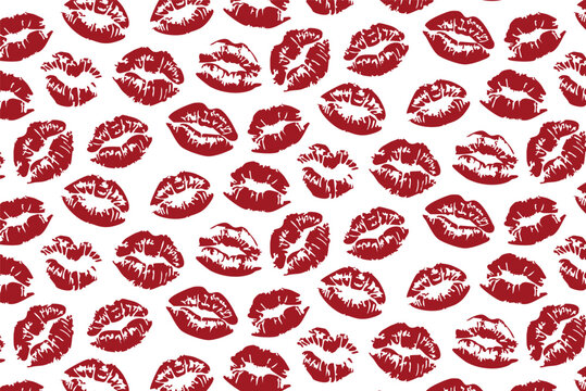 Elegant seamless pattern with lipstick kiss prints. Romantic and feminine background for textiles, gift wrap, wallpaper, and beauty branding. Stylish red and pink lip marks repeat design. 
