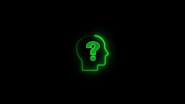 Glowing neon line icon of a man silhouette with a question mark inside, symbolizing doubt, inquiry, confusion, help, support, unknown identity, and problem solving. Clean neon outline