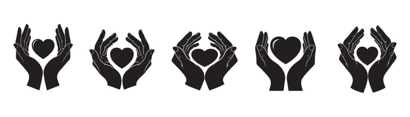 Obraz premium Silhouettes of hands gently surrounding and holding heart shapes in five variations, representing care, love, protection, and emotional support in a minimalist black and white illustration. 