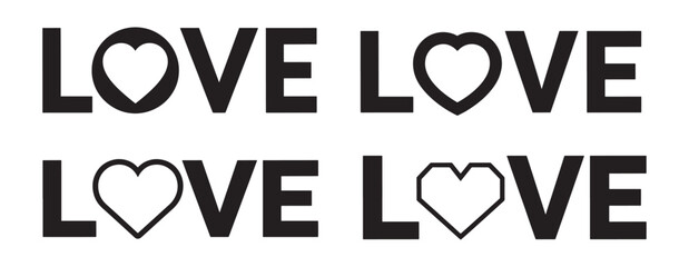 Typography vector design with the word "LOVE" creatively replacing the letter "O" with various heart shapes in bold black text, showcasing romantic symbolism and visual diversity. © Maddy