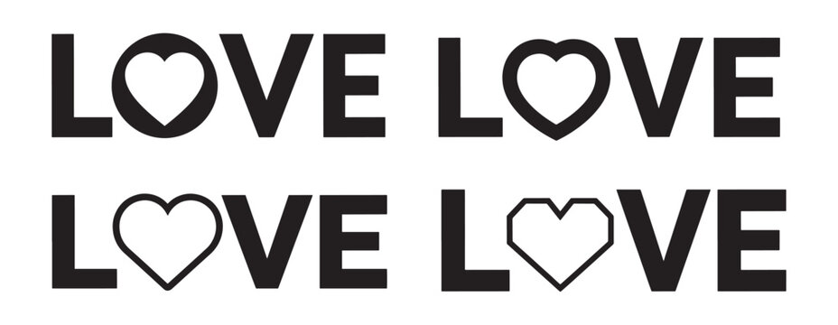 Typography vector design with the word "LOVE" creatively replacing the letter "O" with various heart shapes in bold black text, showcasing romantic symbolism and visual diversity.