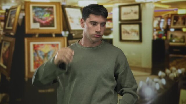 Man with raised left hand resting on head inside gallery building observing framed art on walls with surprised expression; surprise.