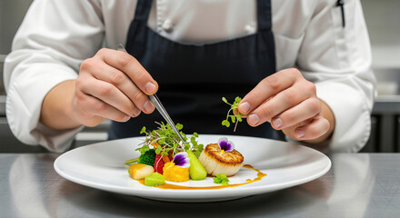 Close-up of a professional chef meticulously garnishing a gourmet seared scallop dish with microgreens using tweezers in a modern kitchen.