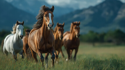 Fototapeta premium Wild Horses Running in Nature: A herd of majestic wild horses gallop freely across a vast green landscape, their flowing manes and tails creating a breathtaking scene of untamed beauty.