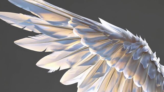 Bird wing close up shows detail of feathers and structure in natural light on a grey background