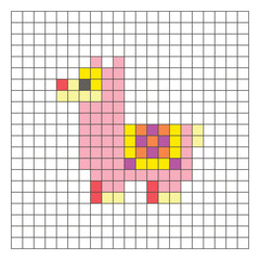Obraz premium A flat pixel design made of geometric square color blocks on a clean grid layout. Pixel art llama