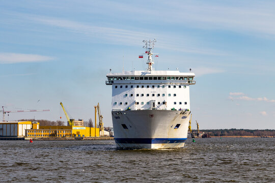 view to harbor of Swinemuende with Gryf RoRo Cargo ship under flag of cyprus.