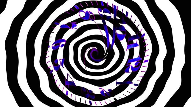 Clock numbers warping in a circular motion and shifting color hues against a circular hypnotic black and white background.