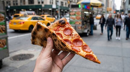 A mouthwatering slice of pizza held up, with the bustling city in the background. The pizza slice has a crispy crust and topped with pepperoni