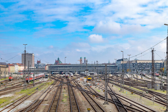 view to terminal of Munich central station with huge number of rails in Munich, Bavaria, Germany