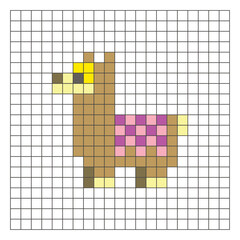 Obraz premium A flat pixel design made of geometric square color blocks on a clean grid layout. Pixel art llama