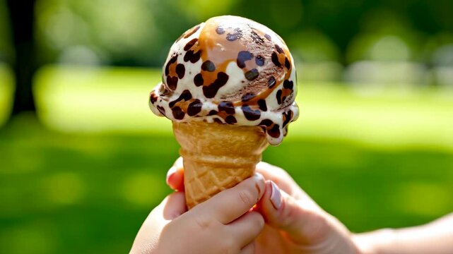 Hand holding child ice cream cone with animal pattern dessert concept