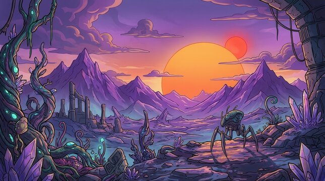 Alien landscape at sunset featuring purple mountains, bizarre flora, ruins, and a multi-legged creature