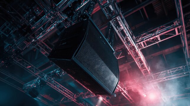 Line Array Speaker System Suspended From Truss Viewed From Below With Dramatic Angle in Event Space During Concert Preparation