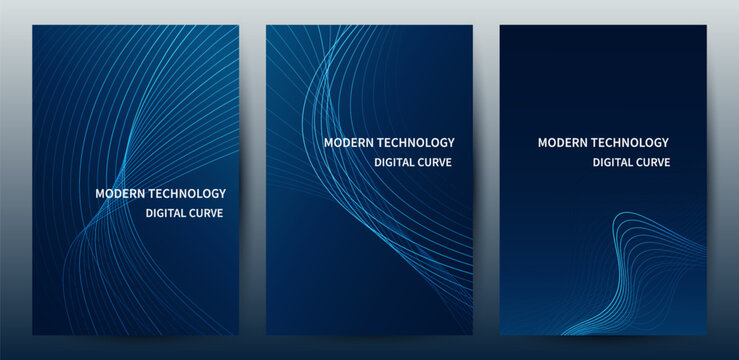 Abstract Blue Curve Technology Poster and Cover Template Set with Glowing Lines