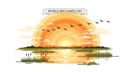 Vector illustration of a serene wetlands landscape at sunset with birds flying over water and grassy shore, celebrating World Wetlands Day with a character design element.