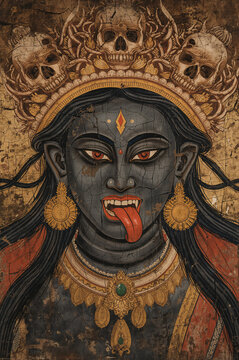 Ancient Weathered Thangka Art - Cracked Goddess Kali Portrait