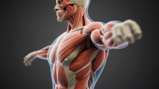 3D medical illustration of a human anatomy model featuring a skeleton with a detailed spine and joint structures to highlight bone health or back pain