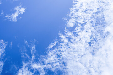 Bright blue sky with wispy white clouds over Yogyakarta, beautiful clear day landscape background