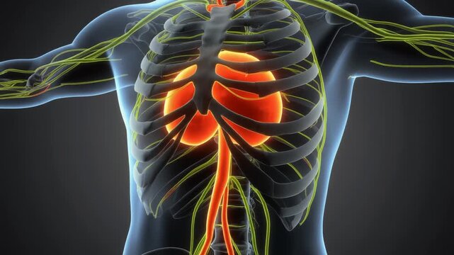 An anatomical 3D illustration of a human skeleton body showing the chest and spine for medical science and health medicine