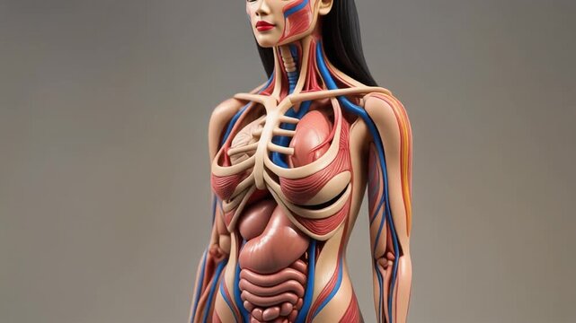 3D medical illustration of a female body showing a detailed human skeleton and spinal anatomy for science and healthcare