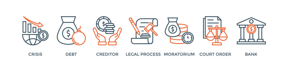 Bankruptcy banner web icon vector illustration concept with icon of crisis, debt, creditor, legal process, moratorium, court order, and bank