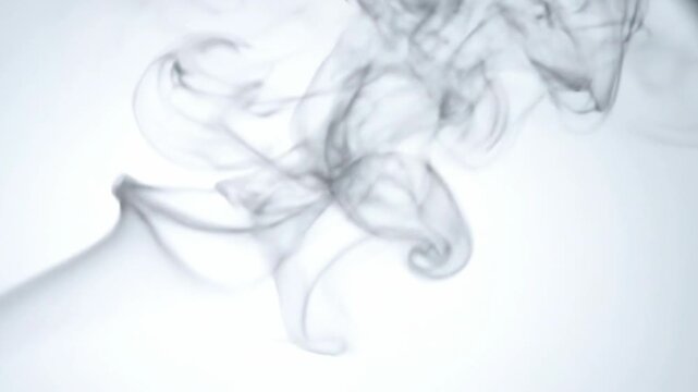A gray smoke emanates from a cylindrical object, swirling into various shapes against a white background