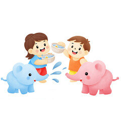 Children and elephants playing water in Songkran Festival