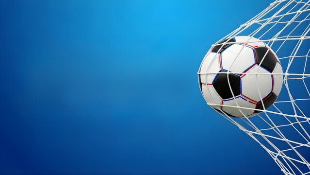 Football in the net with a blue background