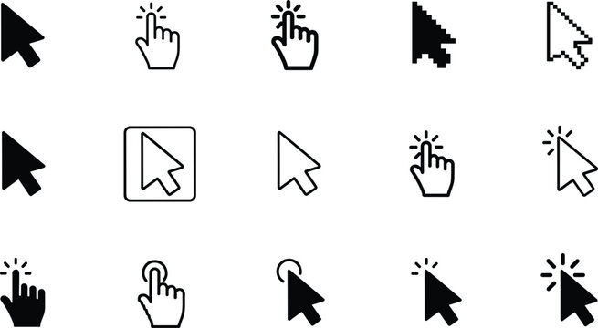 Large set of mouse cursor arrow and clicking hand icons for web interface navigation design isolated on white