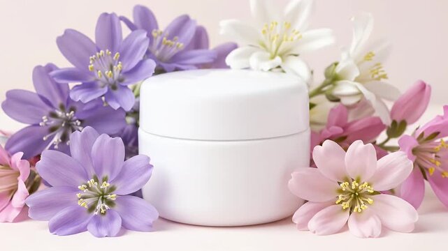 Cosmetic Jar with Pastel Flowers on Light Backdrop for Beauty Product Presentation or Skincare Advertisement 190