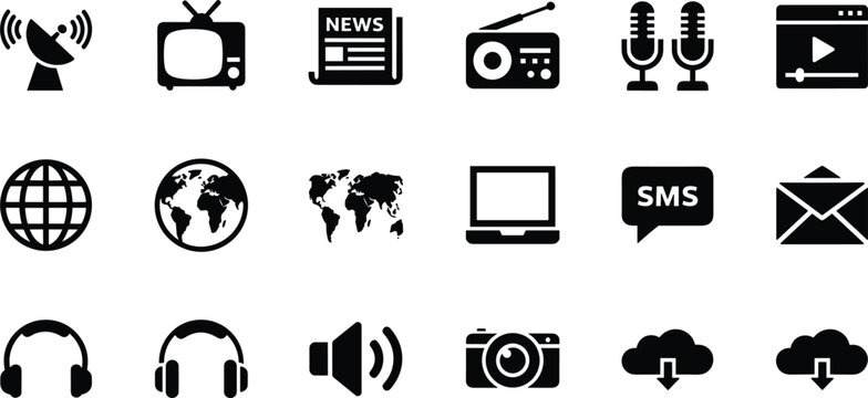 Media And Communication Solid Icon Set With Television News Radio Microphone Globe Laptop Camera Headphones And Social Network Symbols