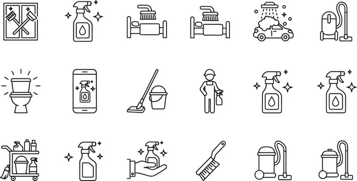 Professional Cleaning And Sanitation Line Icon Set With Vacuum Cleaner Spray Bottle Janitor Mop Bucket And Hygiene Symbols