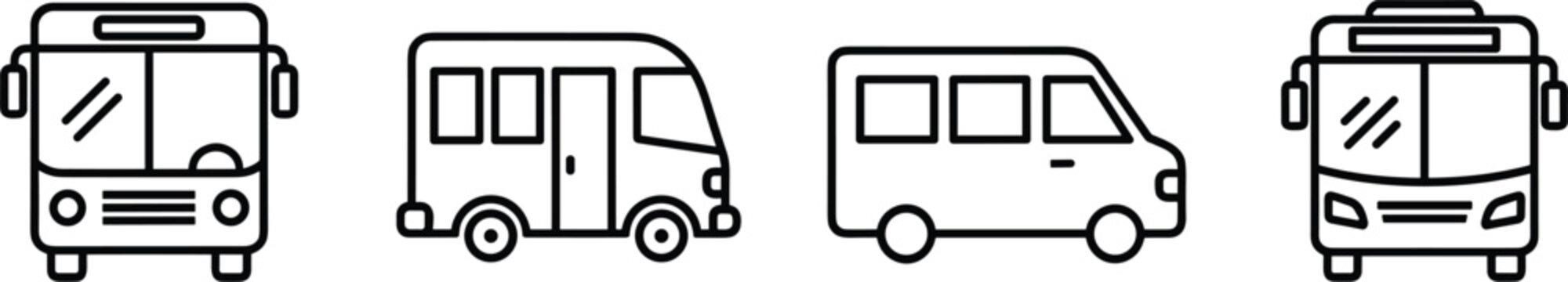 Public transport bus icon set city travel transit vehicle black and white outline solid vector