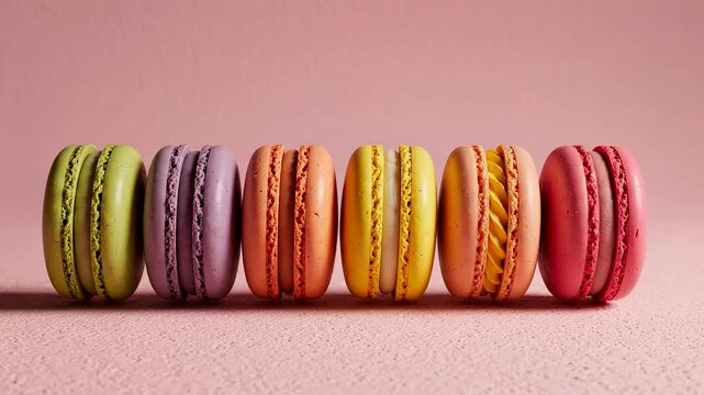 Colorful macarons gently drifting apart and together minimalist food concept