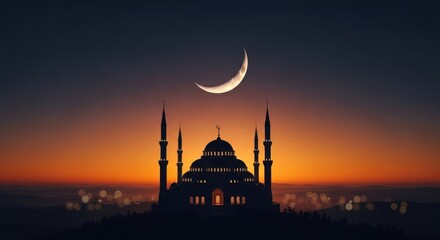 Naklejka premium Silhouette majestic mosque against vibrant sunset sky, for faith, spirituality, peaceful beauty islamic architecture during ramadan