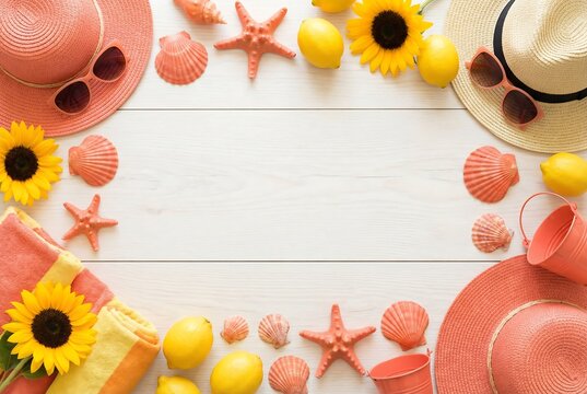 Flat lay of summer beach accessories border on white wood with copy space for holiday travel or vacation.